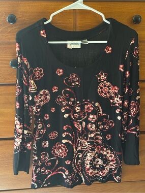 Chico's Black Floral Scoop Neck Long Sleeve Top with Red and Cream Accents